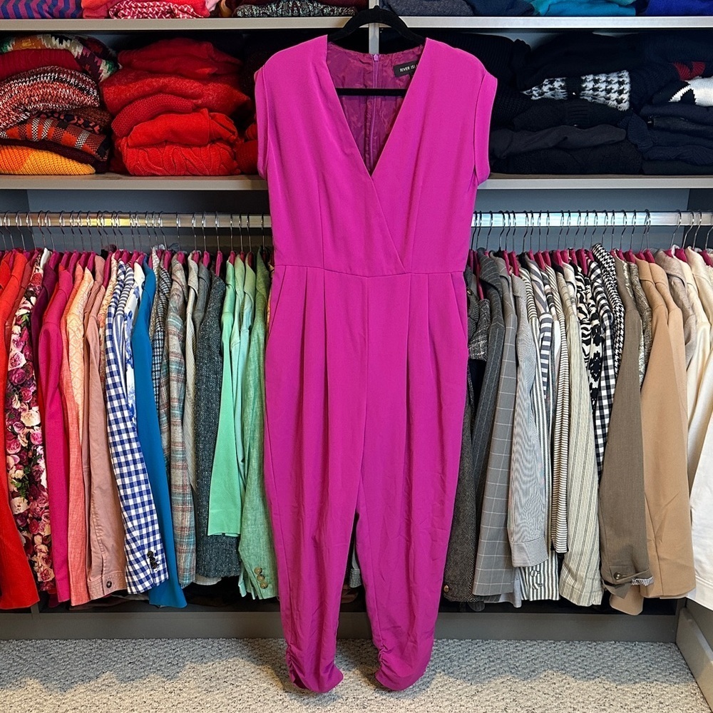 River Island fuschia sleeveless cinched leg v neck back zipper jumpsuit size 14